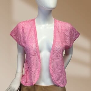 Forever Me Ladies Bubble Gum Pink Bolero Patchwork Open-Front Crochet Lace